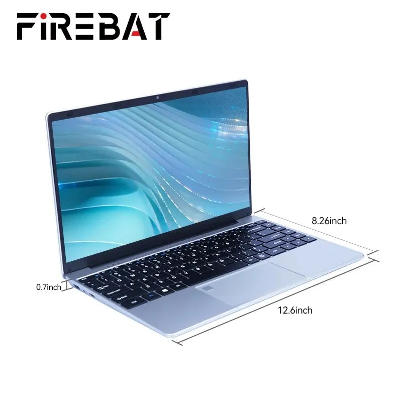 Sleek silver laptop with a 12.6-inch width, 8.26-inch depth, 0.7-inch thickness, and a high-resolution screen displaying abstract blue waves. Logo "FIREBAT" is visible above.