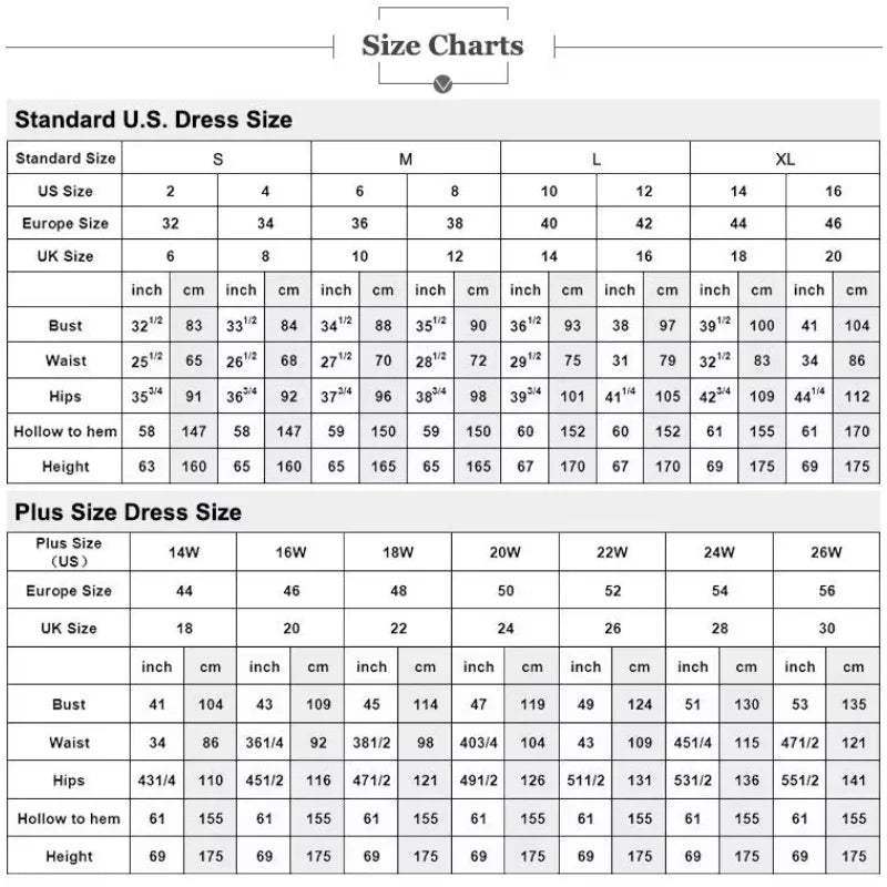 Size charts for standard and plus U.S. dress sizes, displaying measurements for bust, waist, hips, hollow to hem, and height in inches and cm for sizes 2-26W.