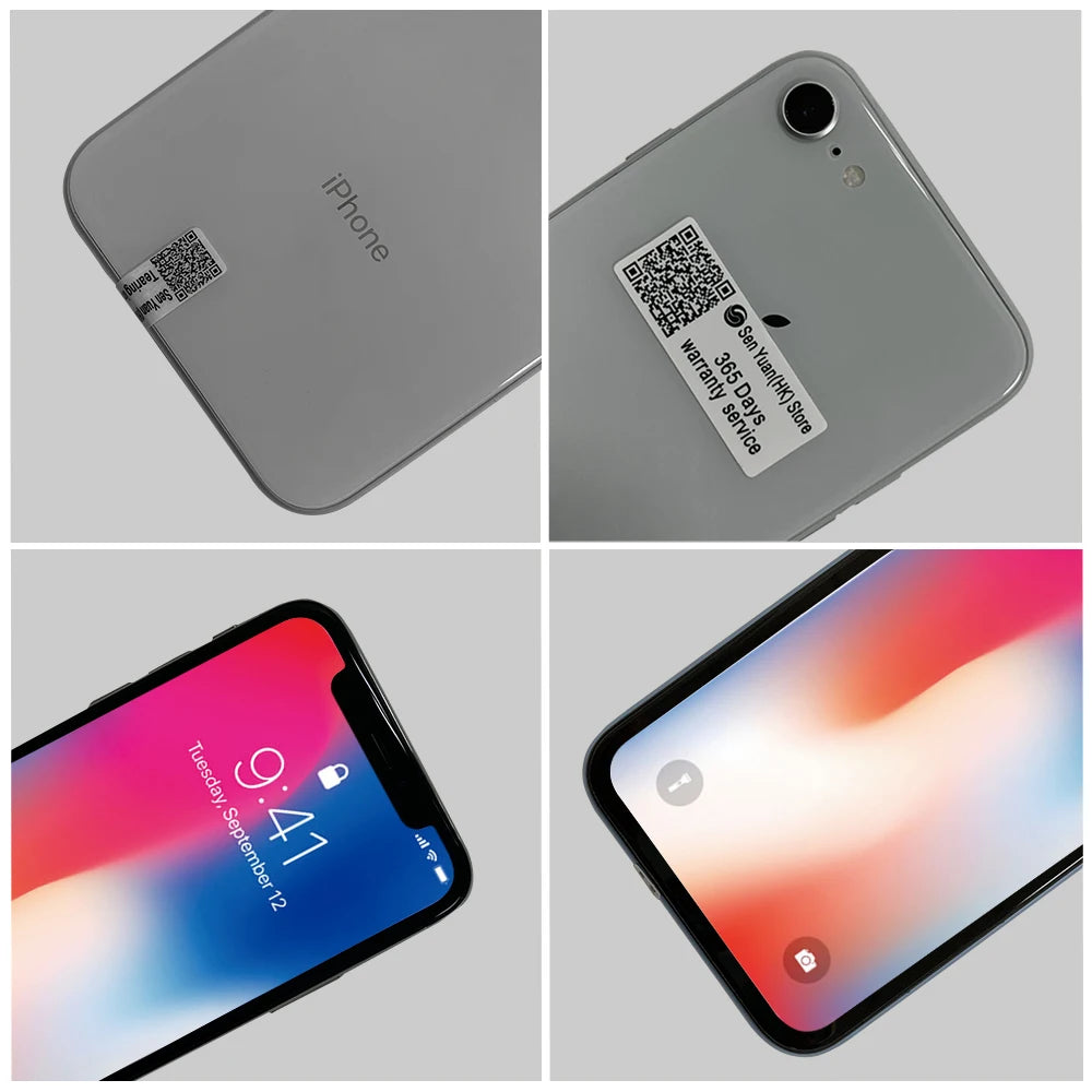 Four images of an iPhone: two show the back with QR code stickers, one displays the lock screen with time and date, and the last highlights the screen's bottom corner.