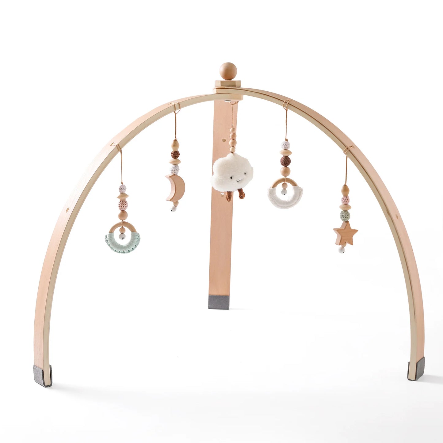 Wooden baby play gym with hanging plush toys: moon, cloud, rings, and star. The arch is natural wood with soft colors, designed for infant sensory and motor skill development.