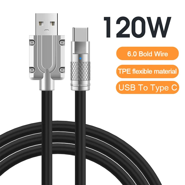 USB to Type C cable with 120W power, featuring 6.0 bold wire and TPE flexible material. The design includes a metal connector and is suitable for fast charging.