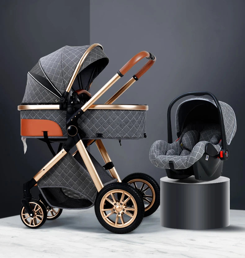 A modern baby stroller with a matching car seat, both in gray quilted fabric and gold accents. The stroller has a leather handlebar and large wheels, set against a sleek gray background.