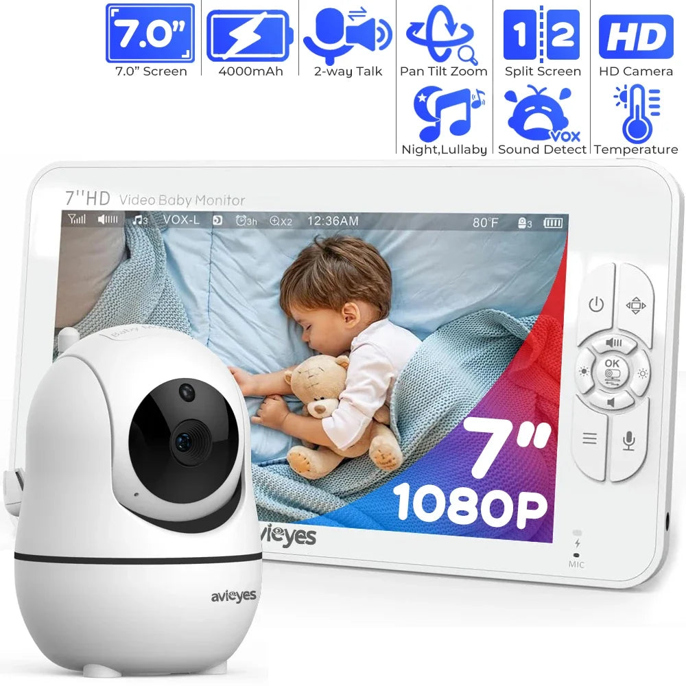 White video baby monitor with HD camera, featuring a 7-inch screen displaying a sleeping child. Includes features like pan tilt zoom, 2-way talk, night vision, and temperature display.