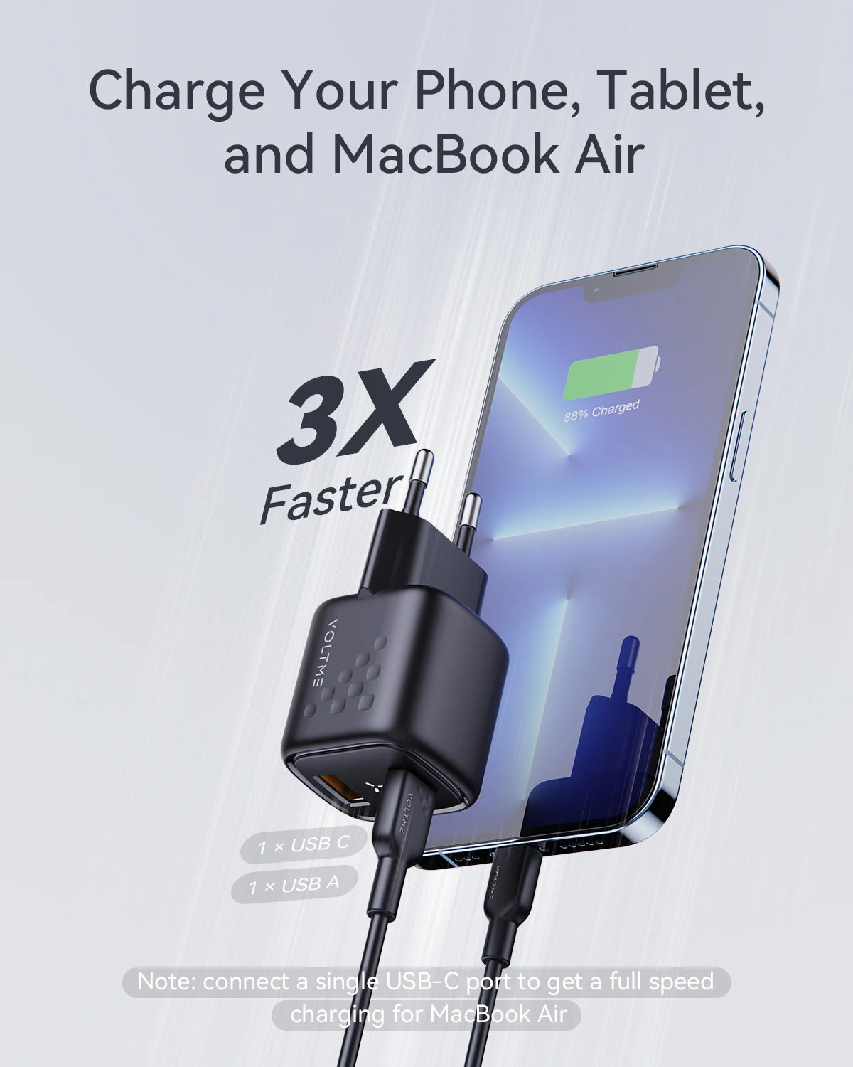A smartphone charges with a black VOLTIME adapter featuring two cables, one USB-C and one USB-A. Text: "Charge Your Phone, Tablet, and MacBook Air 3X Faster."