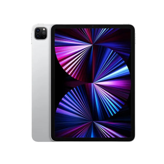 Silver tablet with a vibrant, abstract, multicolored display showing concentric arc patterns in shades of blue, purple, red, and pink. Dual cameras visible on the back.