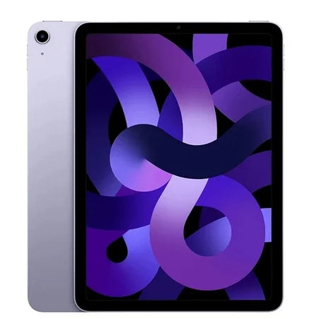 Purple tablet with a swirling abstract wallpaper on the screen. The device is shown from the front and back, featuring a camera on the top left corner of the back.