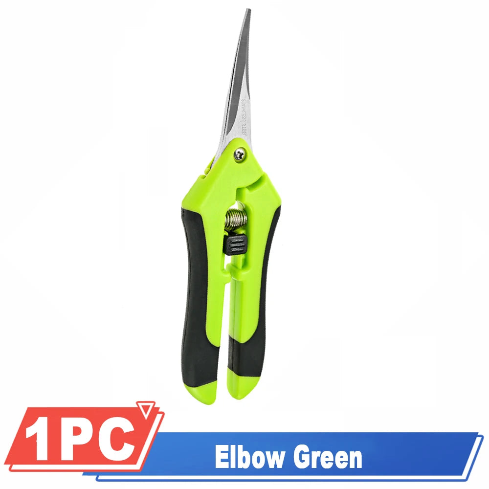 Green garden pruning shears with black handles and a curved stainless steel blade. The packaging indicates one piece and is labeled “Elbow Green.”