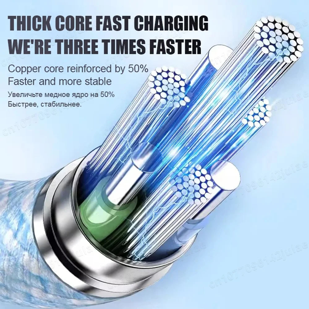 Close-up illustration of a cable featuring thick copper cores, highlighting a 50% reinforcement for faster and more stable charging, with accompanying bold and clear text.