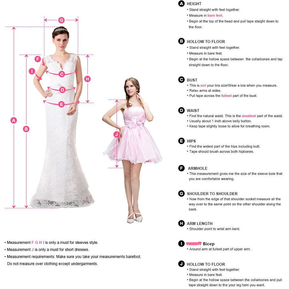 Image showing measurements for women in formal and cocktail dresses. Labels indicate how to measure height, bust, waist, hips, armhole, shoulder-to-shoulder, and arm length.