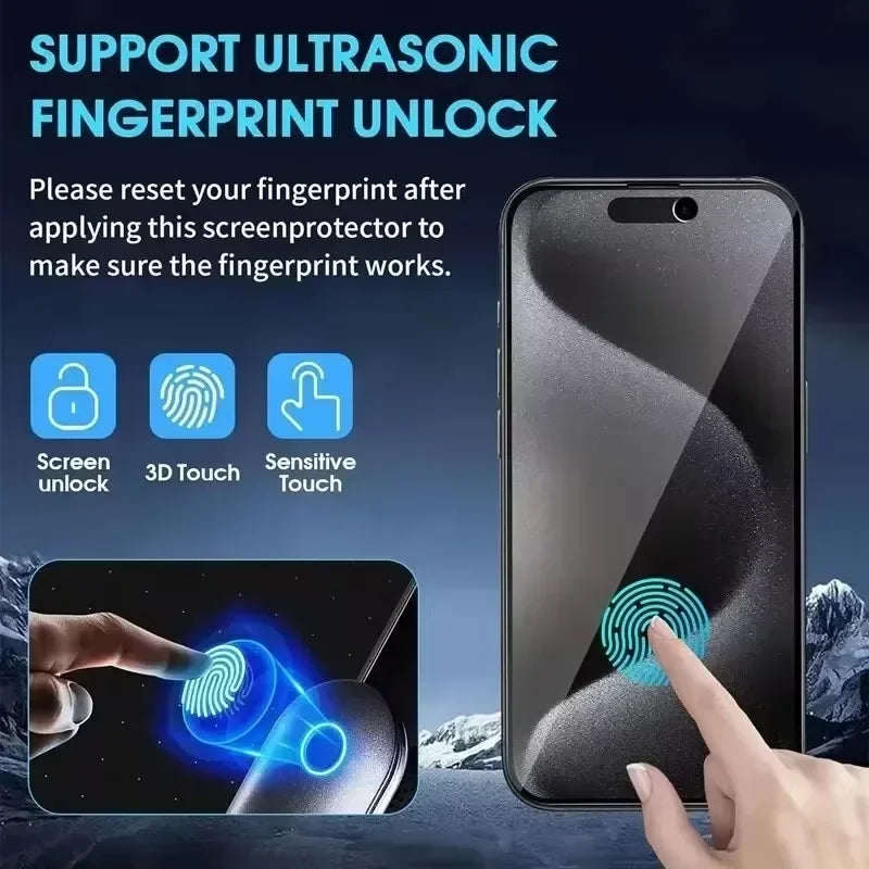 Smartphone with screen protector supporting ultrasonic fingerprint unlock. Icons show screen unlock, 3D touch, and sensitive touch. Note: Reset fingerprint after application.