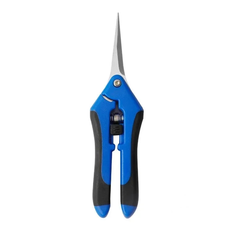 Blue and black precision pruning shears with a sharp, pointed metal blade. The handle has a textured grip and a spring mechanism for easy cutting.