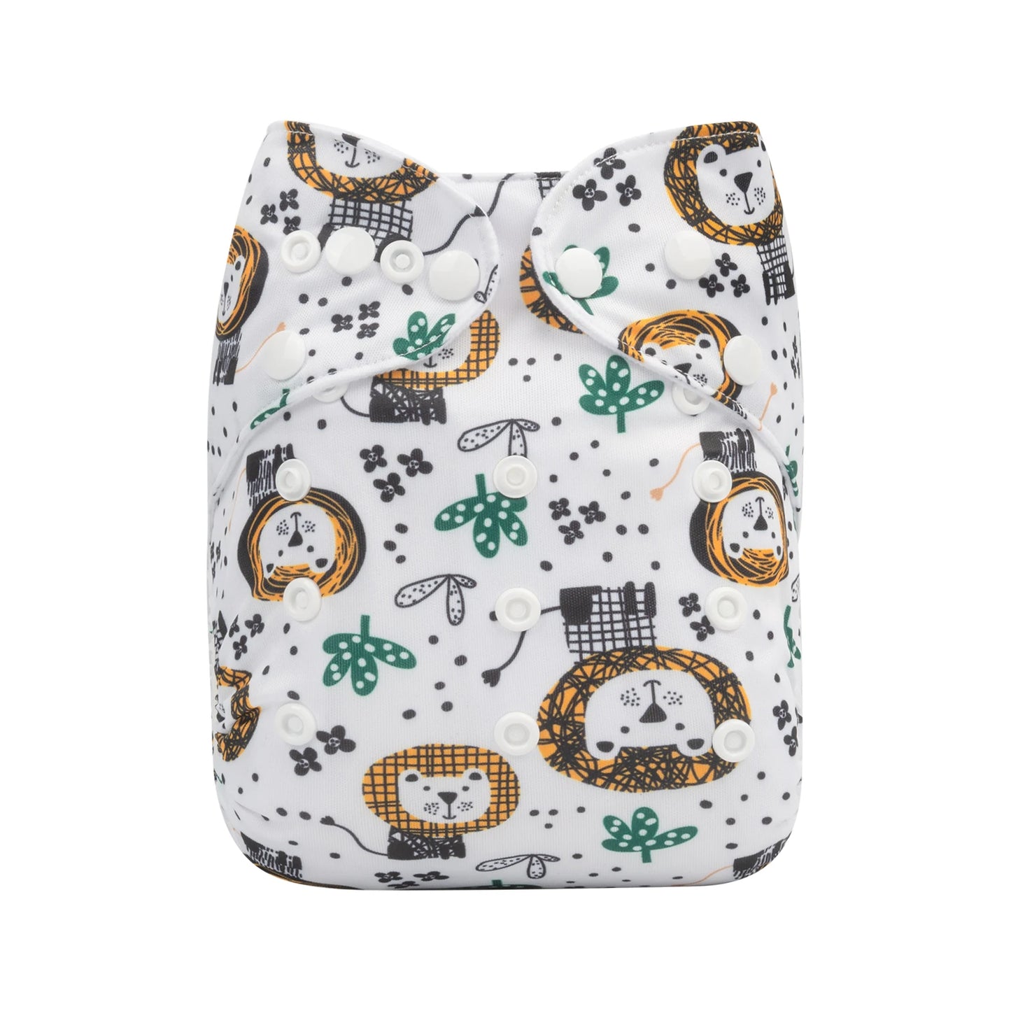 Cloth diaper with lion and plant pattern, featuring adjustable white buttons, on a white background.