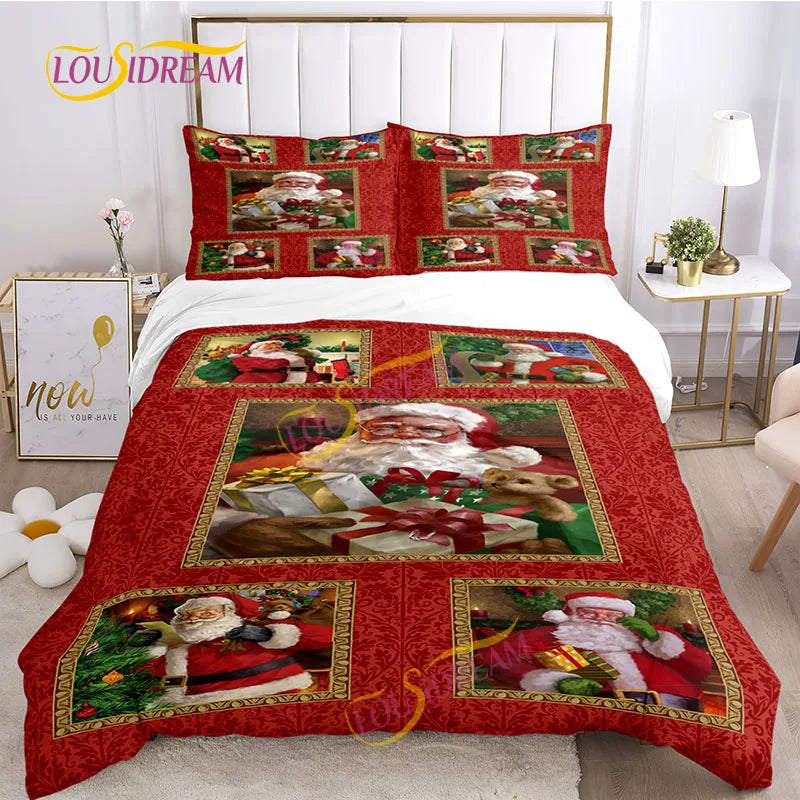 Festive bedding with Santa Claus designs on a red background, featuring multiple images of Santa with gifts and a teddy bear. The room includes a white headboard and small side tables.