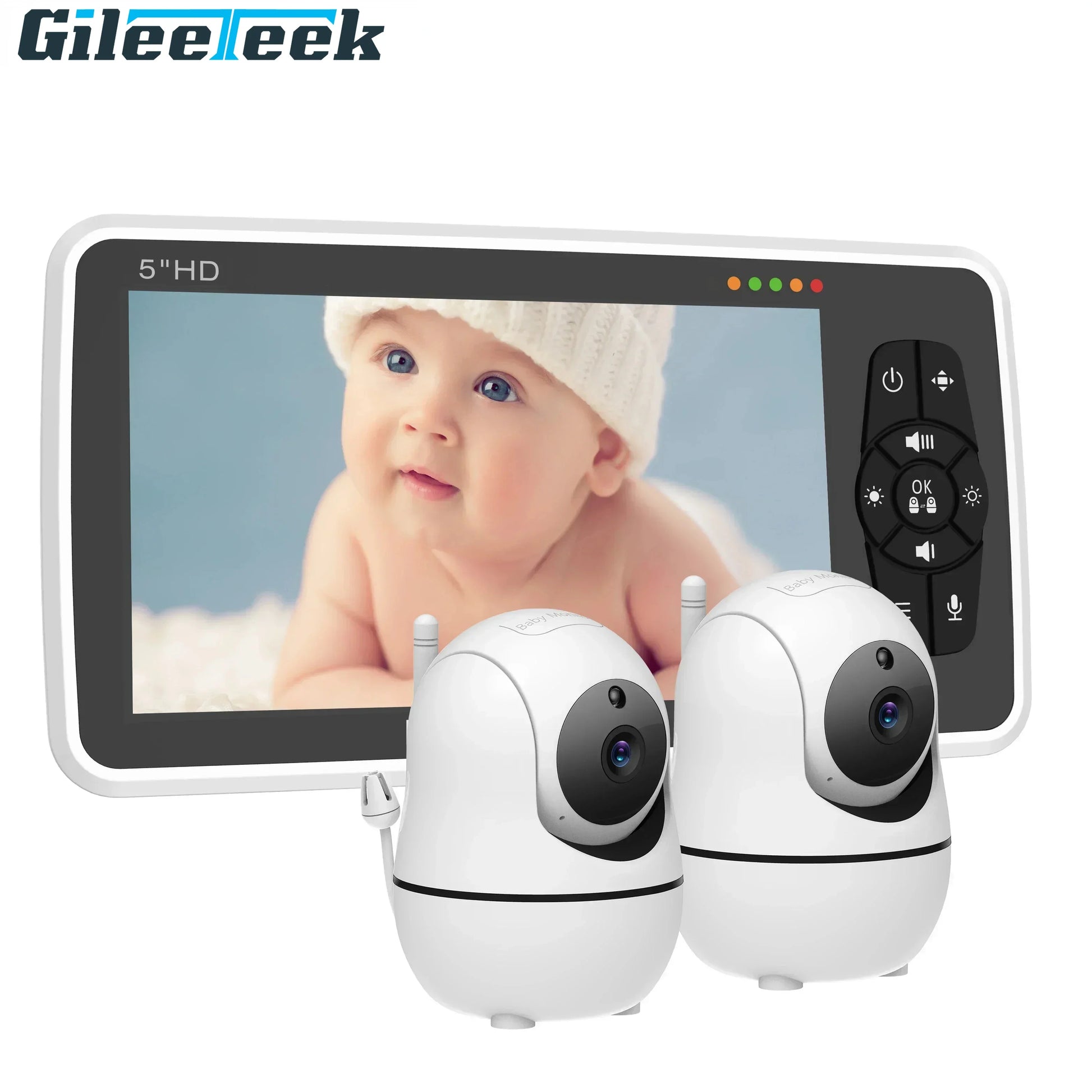 Baby monitor system with a 5" HD screen displaying a baby in a knit hat. Two white cameras with antennas are positioned below, designed for remote baby monitoring.