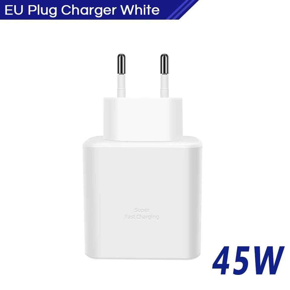 White 45W EU plug charger with dual prongs for fast charging. Labeled "Super Fast Charging" in subtle text. Blue text at the top reads "EU Plug Charger White."