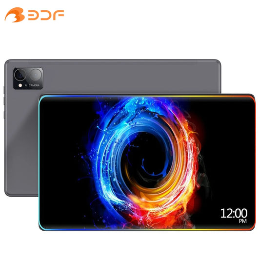 A sleek tablet with a colorful vortex design on the display, showing 12:00 PM. The tablet also features a dual camera setup. The logo "BDF" is present in the top left corner.