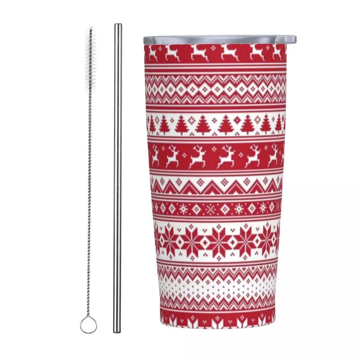 Red and white tumbler with deer and snowflake patterns, accompanied by a metal straw and cleaning brush.