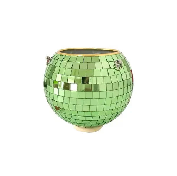 Green disco ball-style planter with mirrored square tiles and two small metal handles on the sides. The planter has a round shape and an open top.
