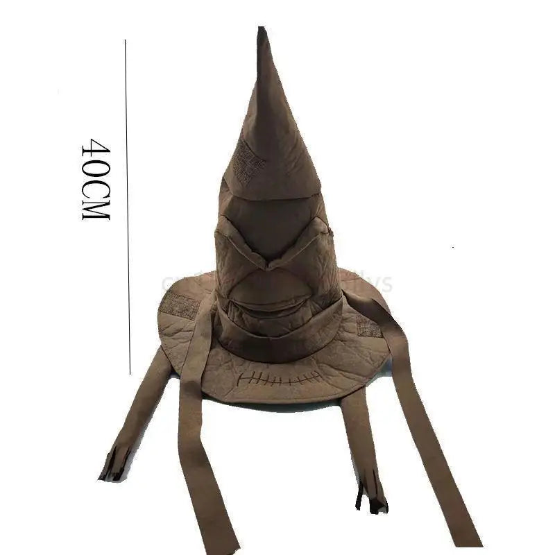 Brown, pointed hat with face-like features, measuring 40 cm tall, against a white background. The design resembles a wrinkled face with stitched details and chin straps.