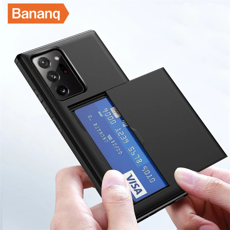 Black phone case with card holder holds a blue Visa card. A person's hand slides the cover open. The phone features a triple camera. Banang logo at top corner.