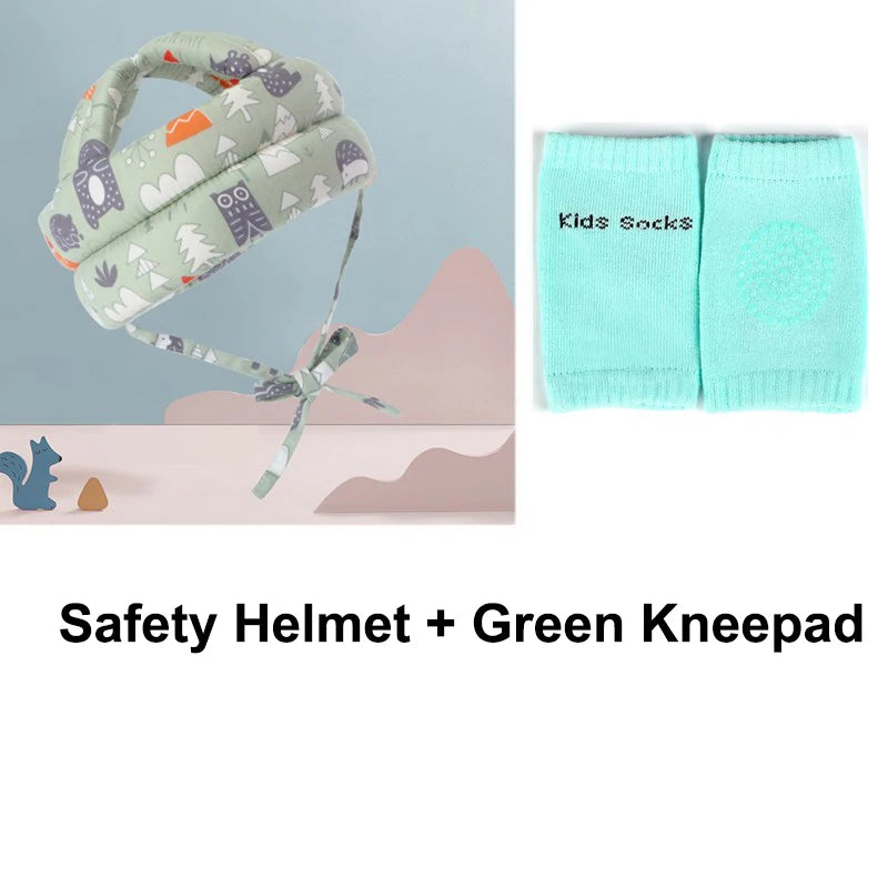 Children's safety gear including a patterned helmet and green kneepads. The helmet features woodland designs, and the kneepads are labeled "Kids Socks."