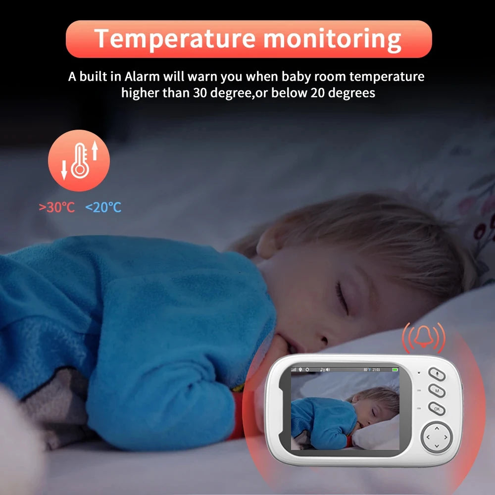 Child sleeping with a digital monitor displaying their image. Text highlights temperature monitoring feature, alerting if room temperature exceeds 30°C or drops below 20°C.