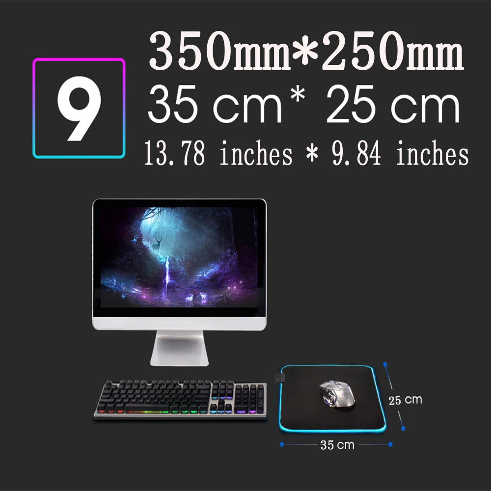 Computer setup with a colorful gaming keyboard, mouse on a 35x25 cm mouse pad. Screen displays a mystical forest scene. Dimensions noted in mm, cm, and inches.