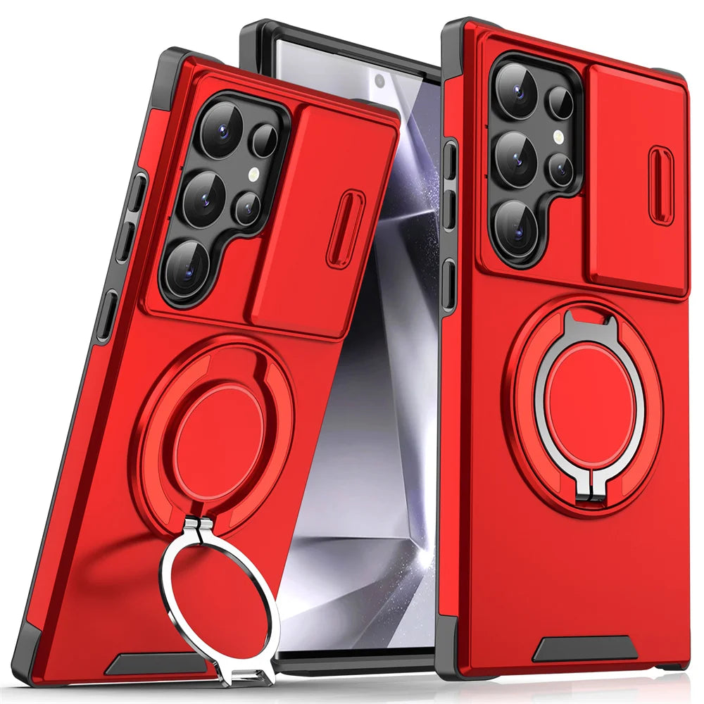 Red phone cases with a rotating ring stand and sliding camera cover, designed for a multi-camera smartphone. The cases provide durable protection and functionality.