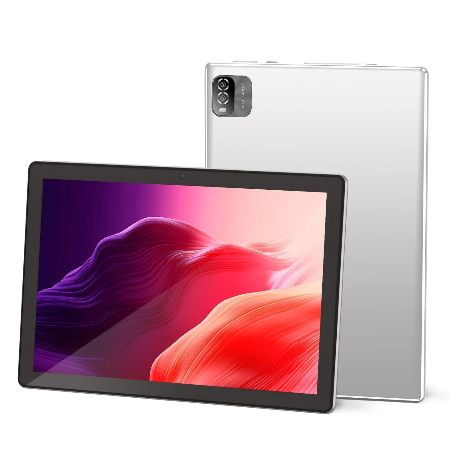 A sleek silver tablet with a vibrant abstract display in shades of purple and red. The back features a dual-camera setup.
