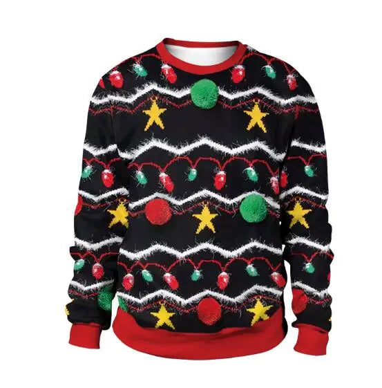 Festive sweater with colorful pom-poms, red light bulbs, yellow stars, and white zigzag stripes on a black background. Red cuffs and collar accent the playful design.