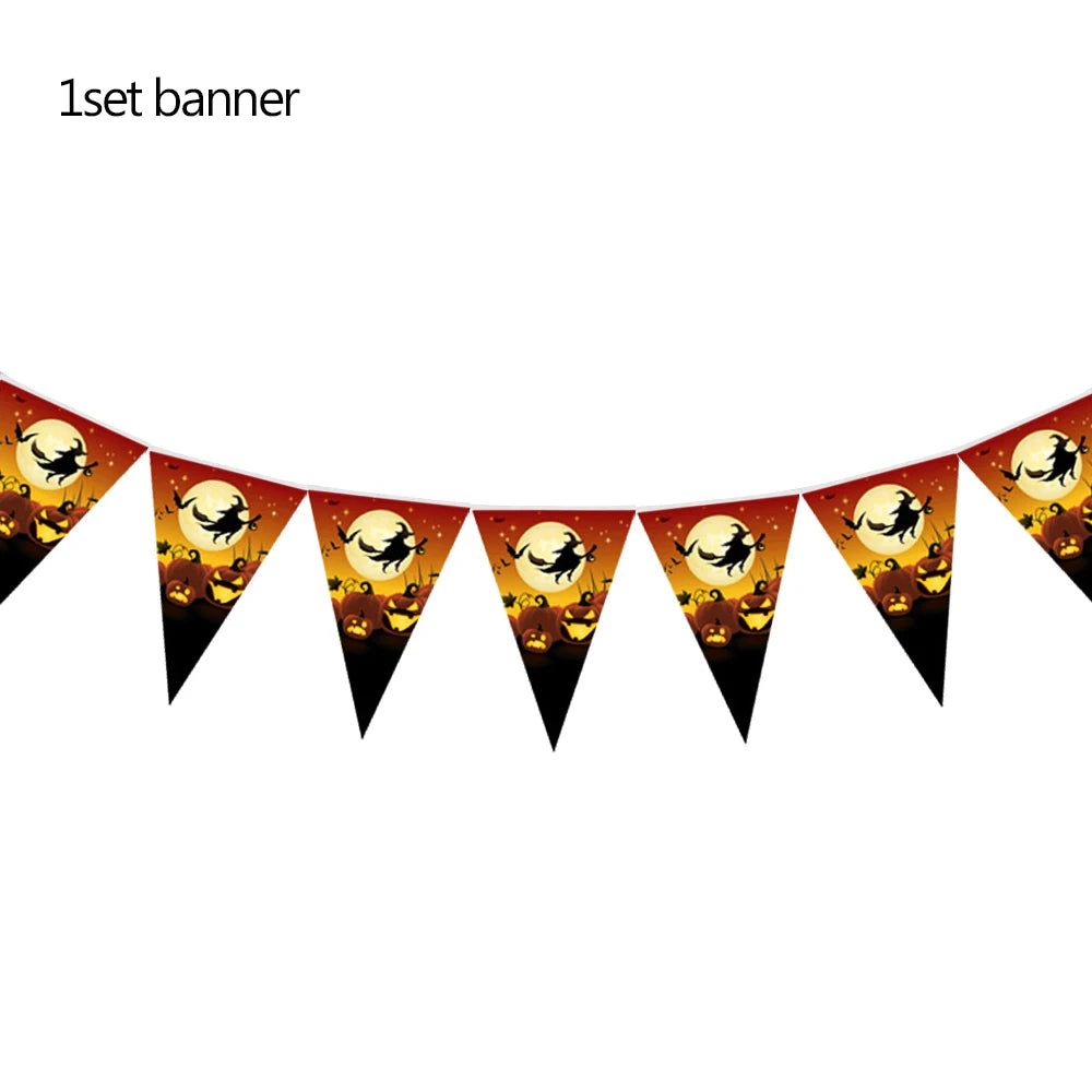 Halloween-themed triangular banner with repeated black witch silhouettes on broomsticks, full moon, orange sky, and jack-o'-lanterns. Banner text reads "1set banner."