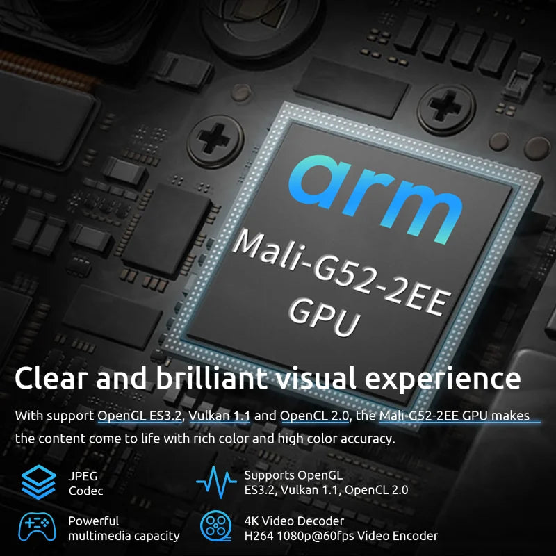 Close-up of ARM Mali-G52-2EE GPU on a circuit board, highlighting advanced features like OpenGL, Vulkan support, JPEG codec, 4K video decoding, and powerful multimedia capability.