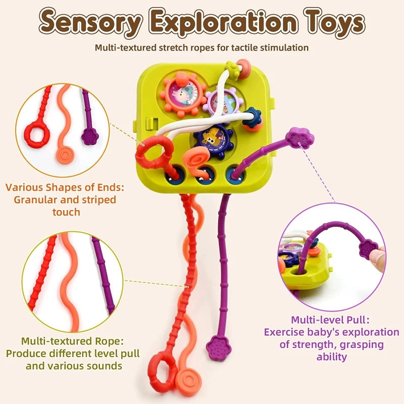 Sensory Exploration Toys with multi-textured ropes. Features various shapes for tactile stimulation and multi-level pull for strength and grasping development in babies.