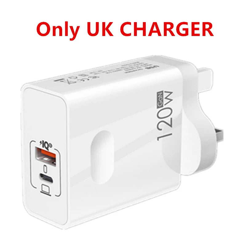 White 120W UK USB charger with dual ports. Text above reads "Only UK CHARGER" in red, emphasizing its compatibility with UK sockets.