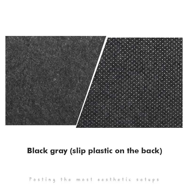 Close-up of two black and gray fabric textures, one smooth and the other dotted, labeled "Black gray (slip plastic on the back)" with a caption about aesthetic setups.