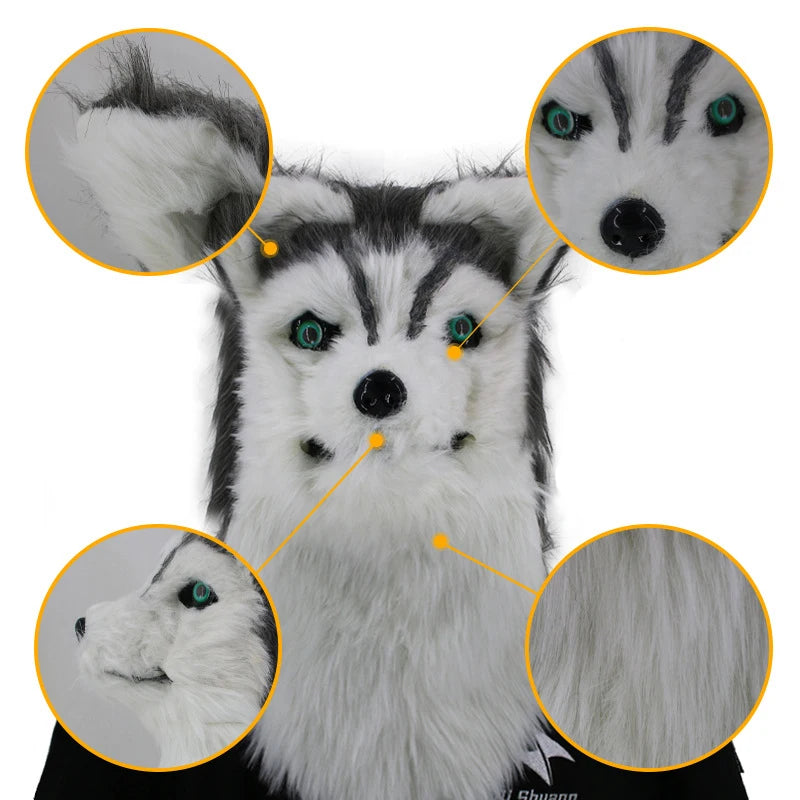 Close-up of a realistic wolf mask with green eyes and detailed markings. Inset circles highlight the ears, eyes, muzzle, and fur texture.