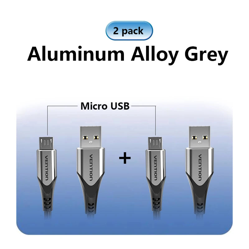 Two-pack of Vention aluminum alloy grey adapters with Micro USB and USB connectors, displayed against a gradient blue background, showcasing front and side views.