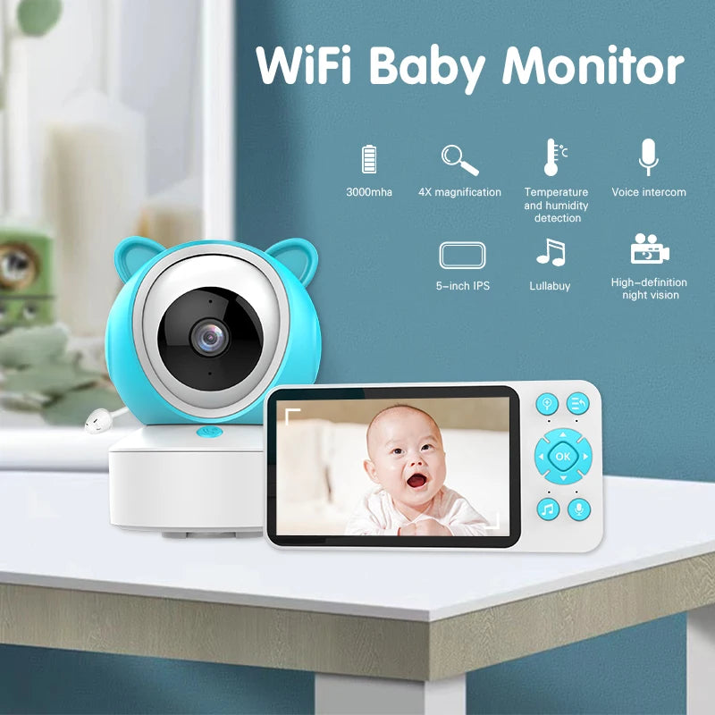 Blue and white WiFi baby monitor with camera and 5-inch screen displaying a baby. Features include 4X magnification, temperature detection, lullaby, and night vision.