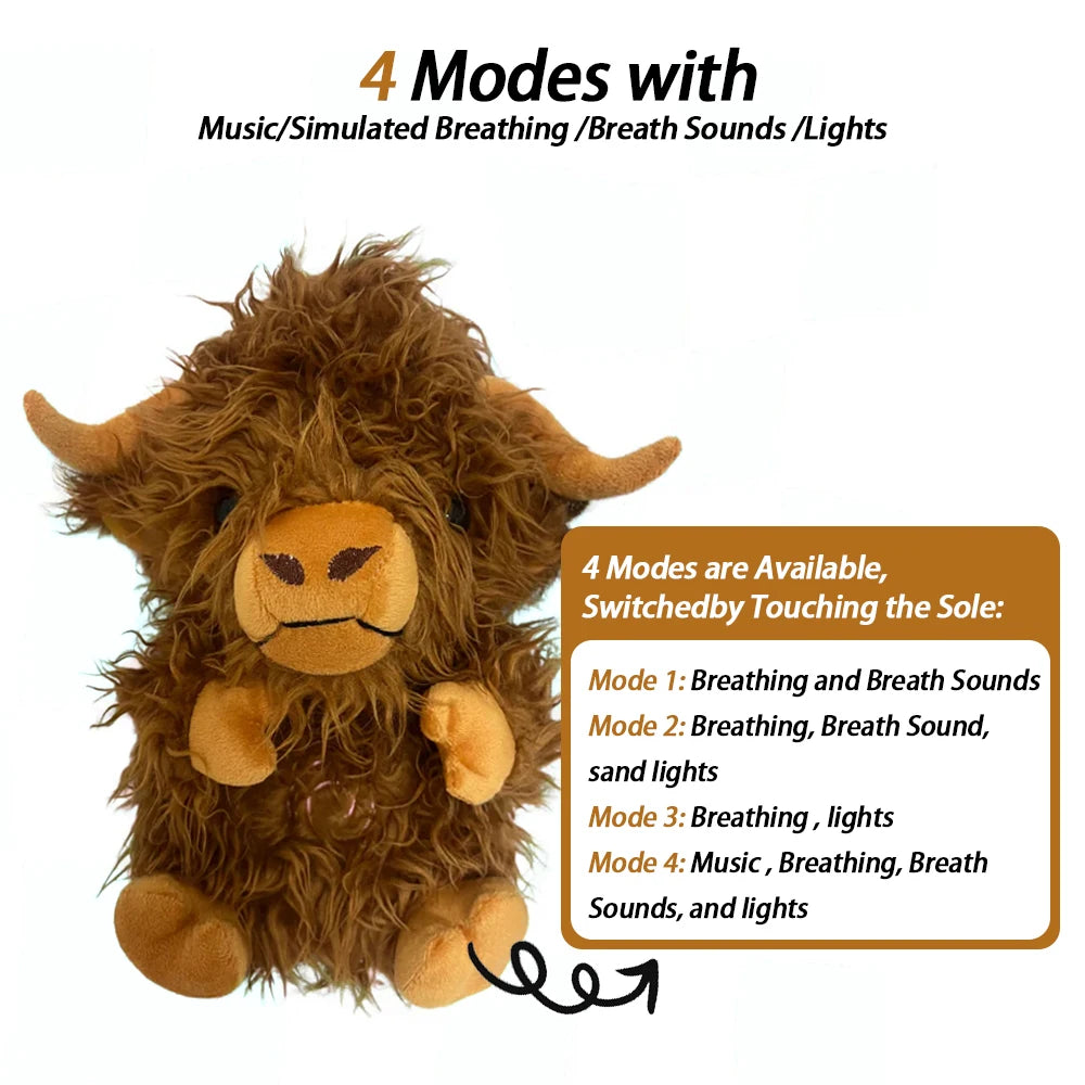Fluffy brown toy with four modes: breathing with sounds, breathing light, and music. Modes switch by touching the sole. Text details modes and features on the right.