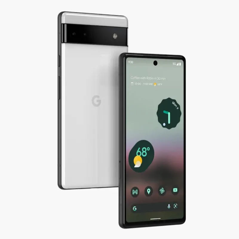 Front and back view of a modern smartphone with a black front and white back. The display shows weather and calendar widgets, and a single-lens camera is visible on the back.