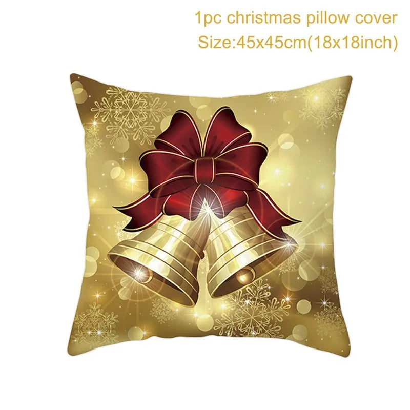 Festive pillow cover with golden bells and a red bow on a sparkling background with snowflakes, measuring 45x45cm (18x18 inches). Suitable for Christmas decor.
