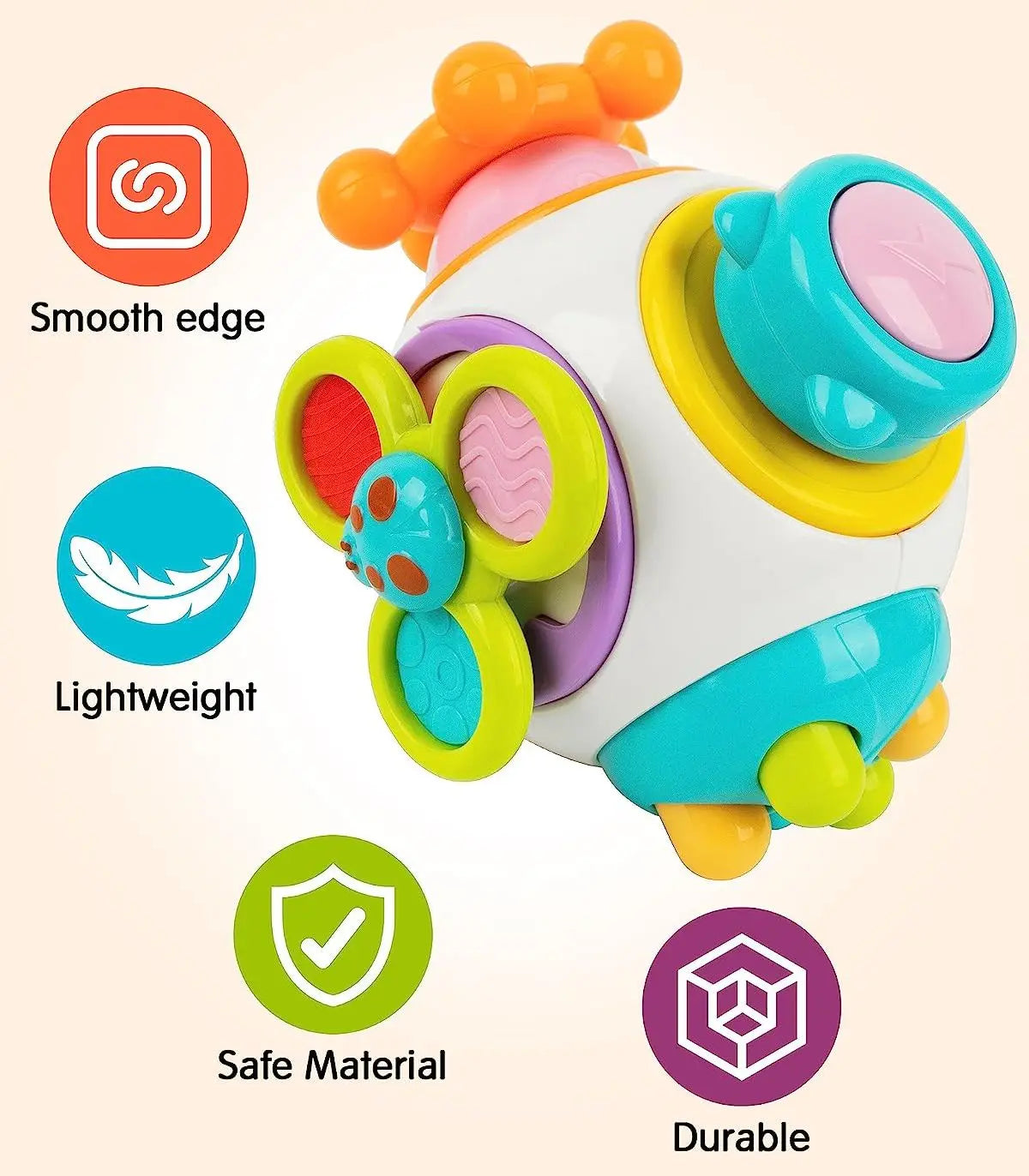 Colorful sensory toy for babies with multiple textures and features. Highlights include smooth edges, lightweight design, safe materials, and durability for safe play.