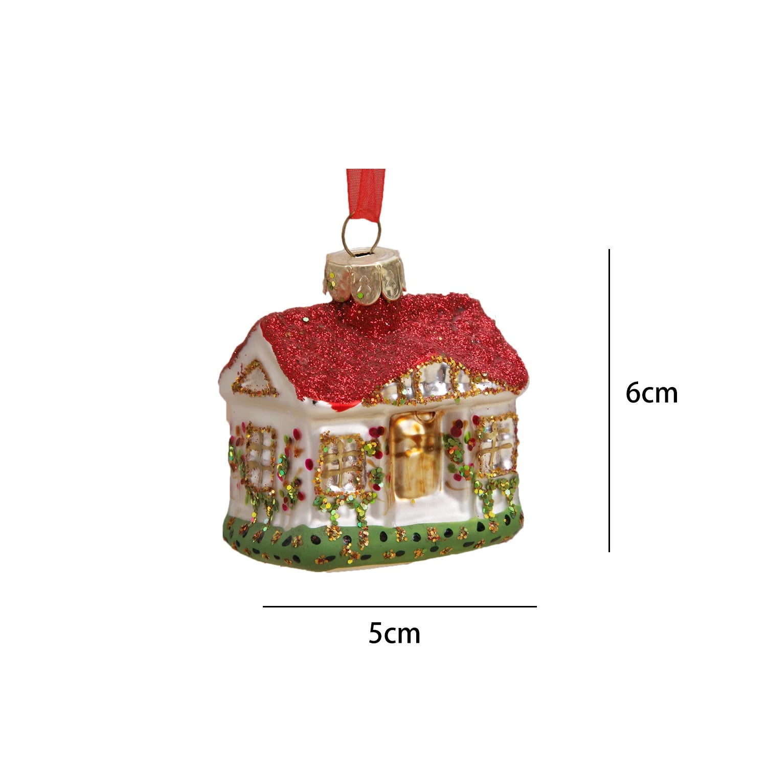 Christmas ornament shaped like a house with a glittery red roof, decorated with gold and green accents. It's 6cm tall and 5cm wide, featuring a gold hanging loop.