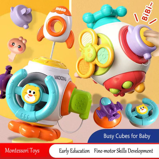Colorful baby toys with various shapes, designed to develop fine motor skills. Includes spinning cubes and rings with smiley faces. Labeled for early education by Montessori Toys.