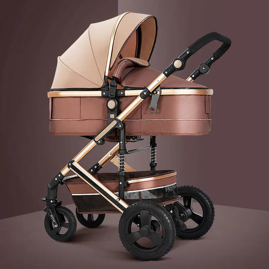 A luxurious brown and beige baby stroller with a canopy and adjustable handlebar, featuring sturdy black wheels and a wire mesh basket underneath, against a muted brown background.