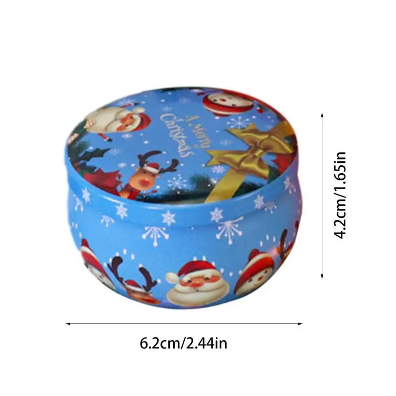 Blue round tin with festive Santa and reindeer design, text "Merry Christmas," and gold ribbon. Dimensions shown: 6.2cm diameter, 4.2cm height.