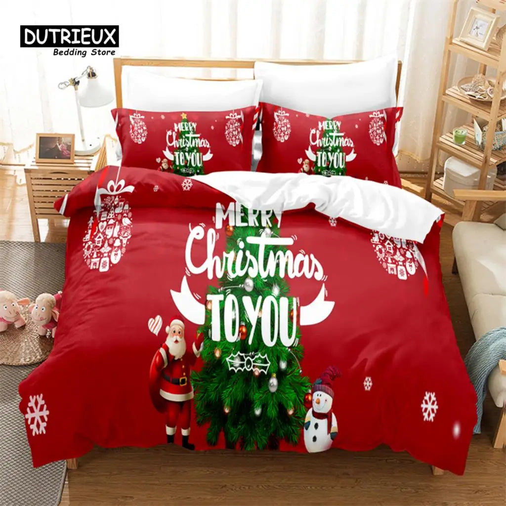Red Christmas-themed bedding set with "Merry Christmas to You" text, decorated with Santa, snowman, snowflakes, and Christmas tree. Cozy room setting with a wooden bedside table.