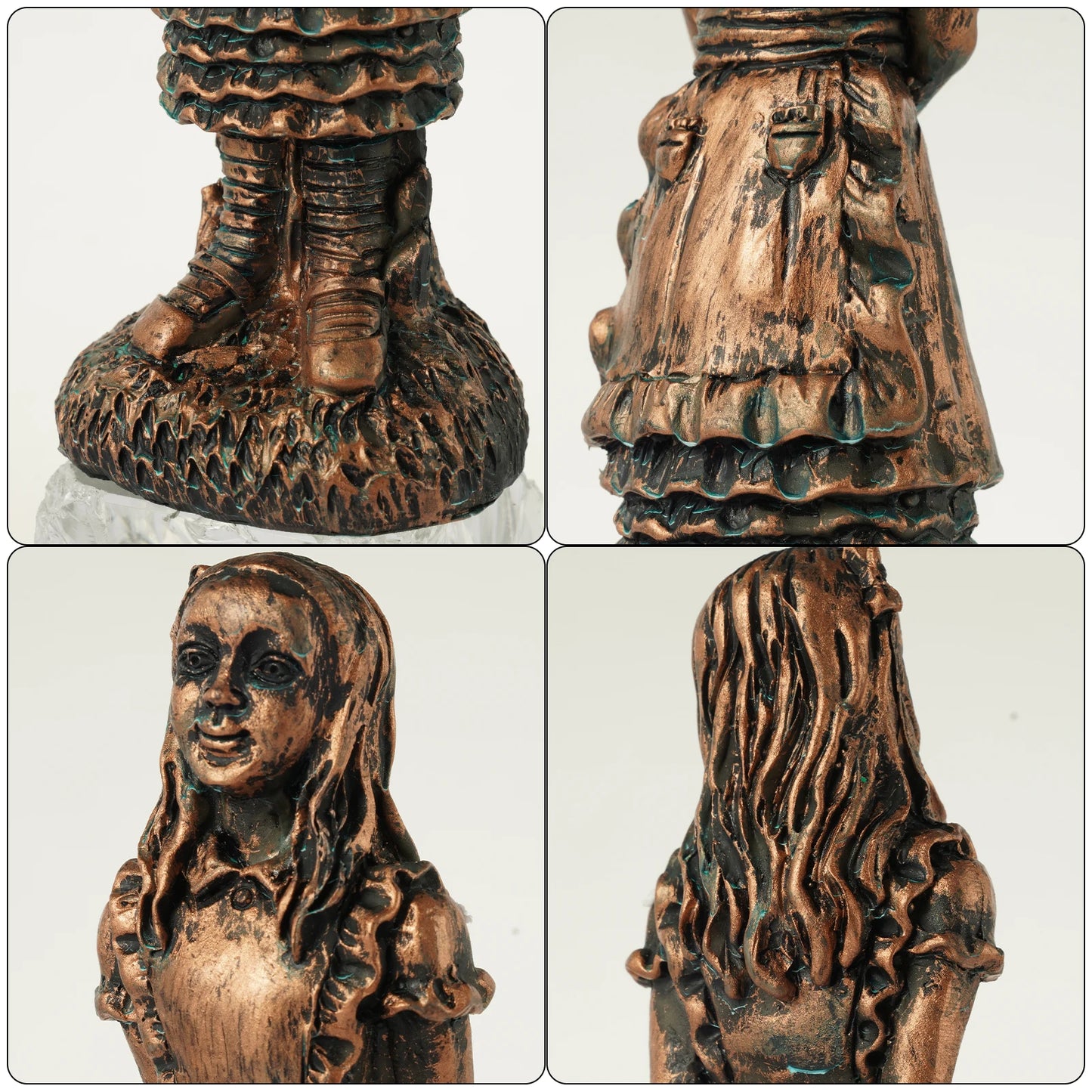 Bronze-colored figurine of a girl with long hair, wearing a ruffled dress and boots. The collage shows front, side, and back views, highlighting detailed textures and features.