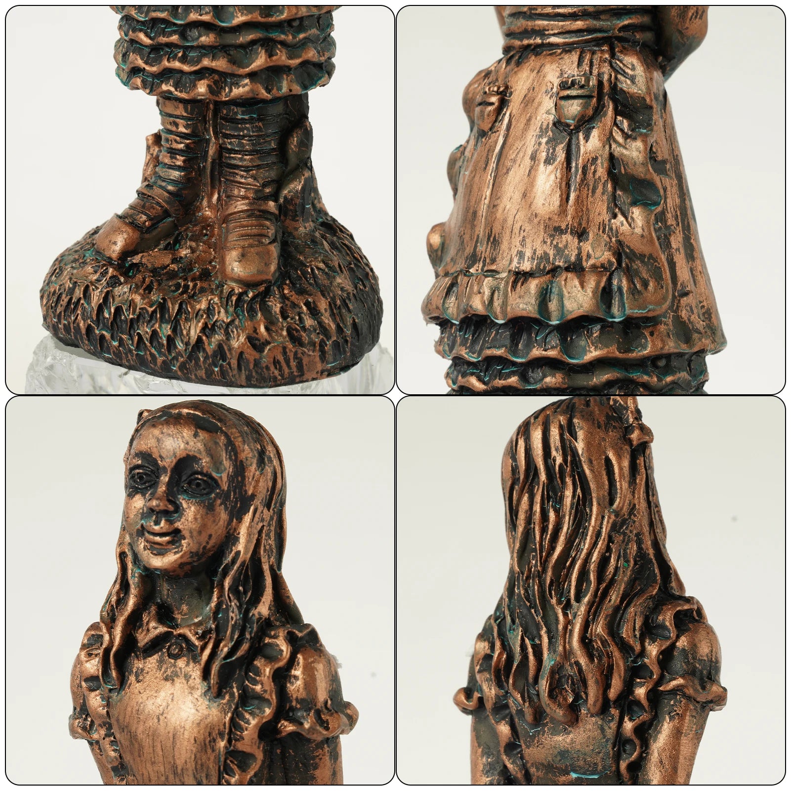 Bronze-colored figurine of a girl with long hair, wearing a ruffled dress and boots. The collage shows front, side, and back views, highlighting detailed textures and features.