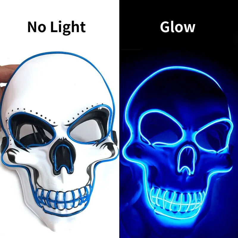 Split image showing a skull mask with blue accents. Left: mask without light. Right: mask glowing blue in the dark with neon-like effect. Text reads "No Light" and "Glow."